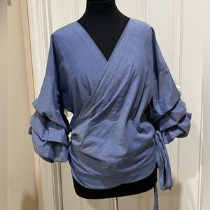 IMPULSIVE Blue Wrap Blouse with Tiered Puff Sleeves WOMEN PLUS SIZE 3X